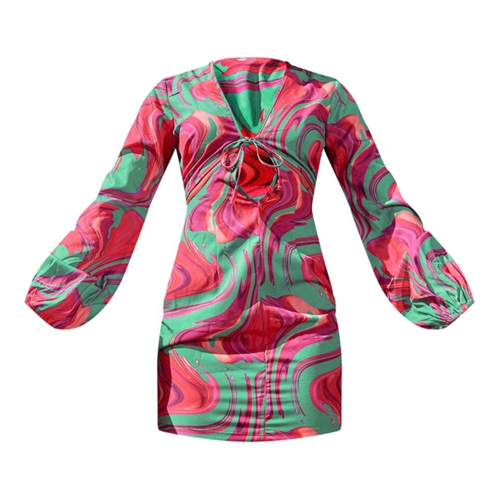 PLT Marble Print Tie Bust Cut Out Long Sleeve Bodycon Dress